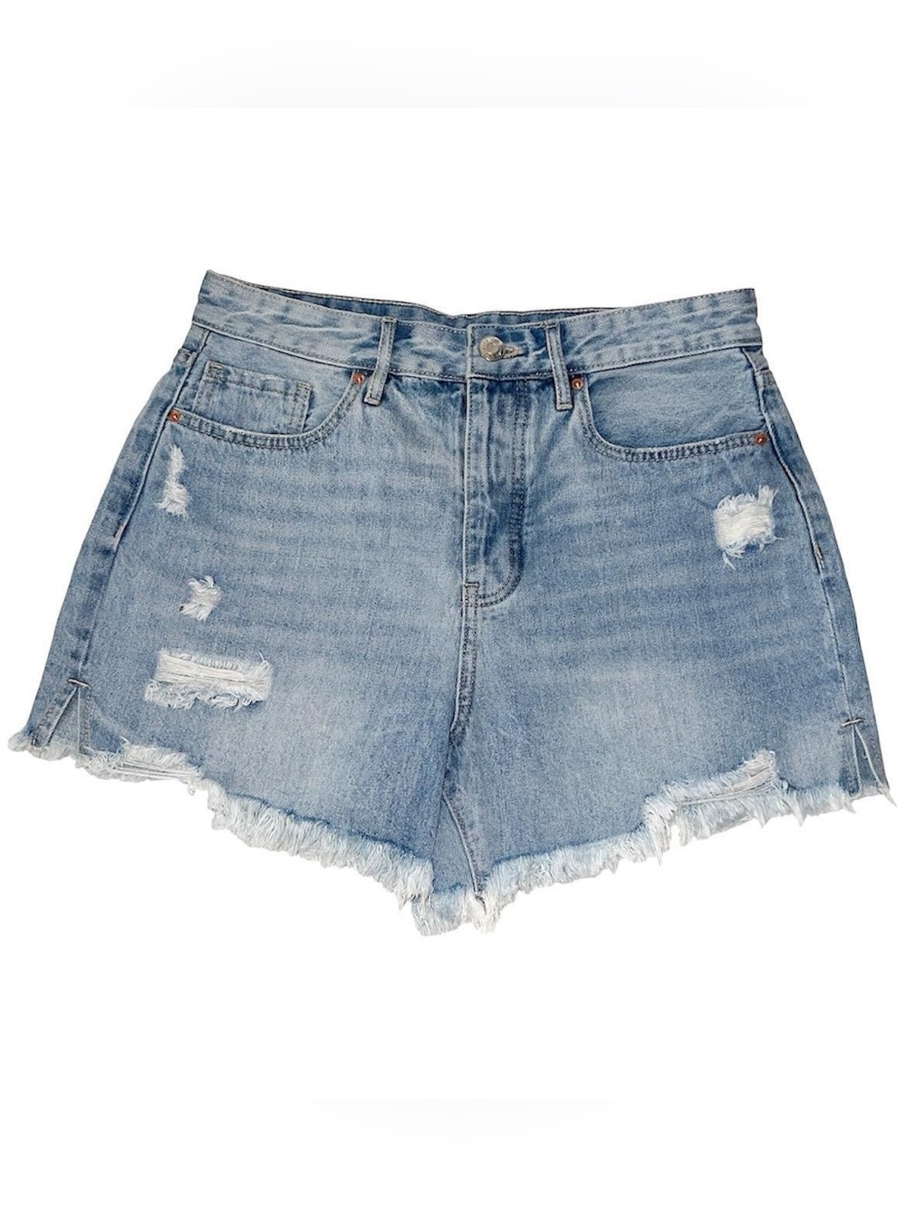 Blue high waisted denim shorts.